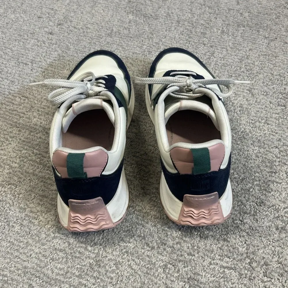 FitFlop F-Mode Shoes Womens 11 White Navy Green Leather Suede Sneakers